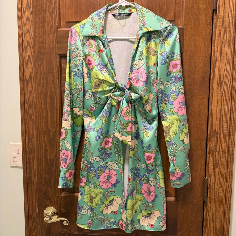 ZARA SATIN EFFECT TROPICAL PRINT SHIRT DRESS